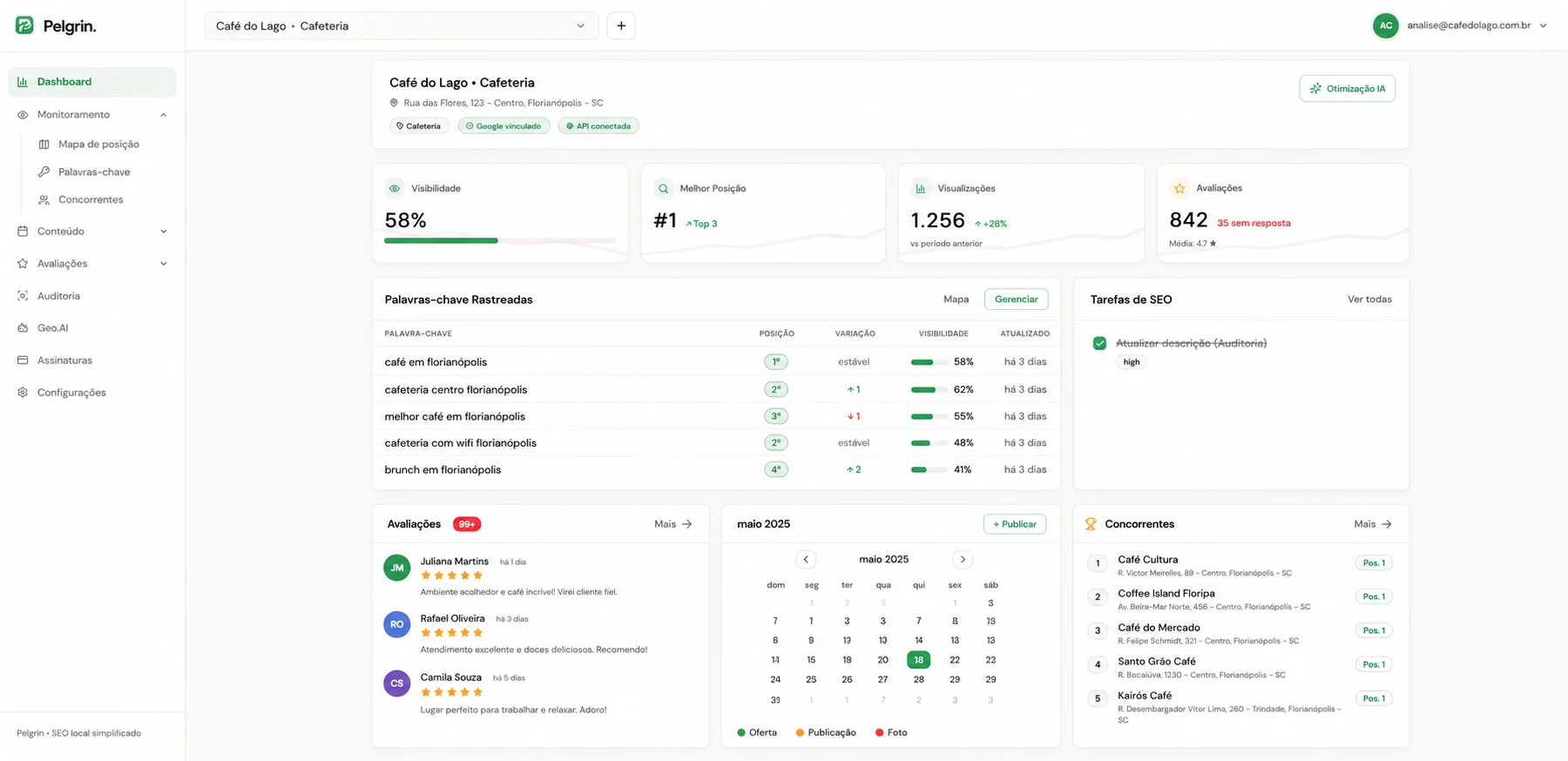 Painel do Pelgrin mostrando visibilidade, ranking de palavras-chave e avaliações de um cliente real